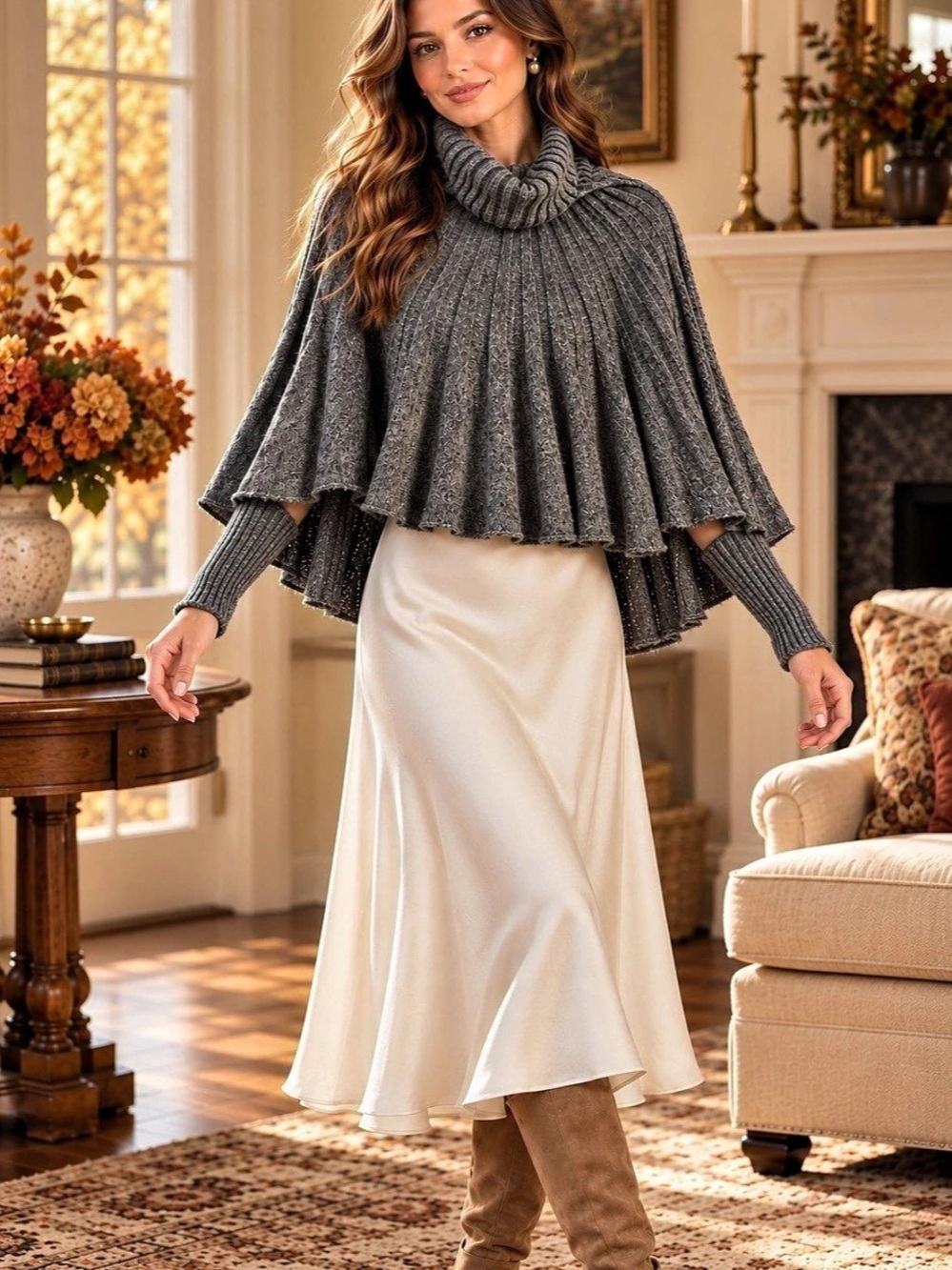 Made in Italy Charcoal Wool Blend Cape Sleeve Sweater Old Money Chic Classic